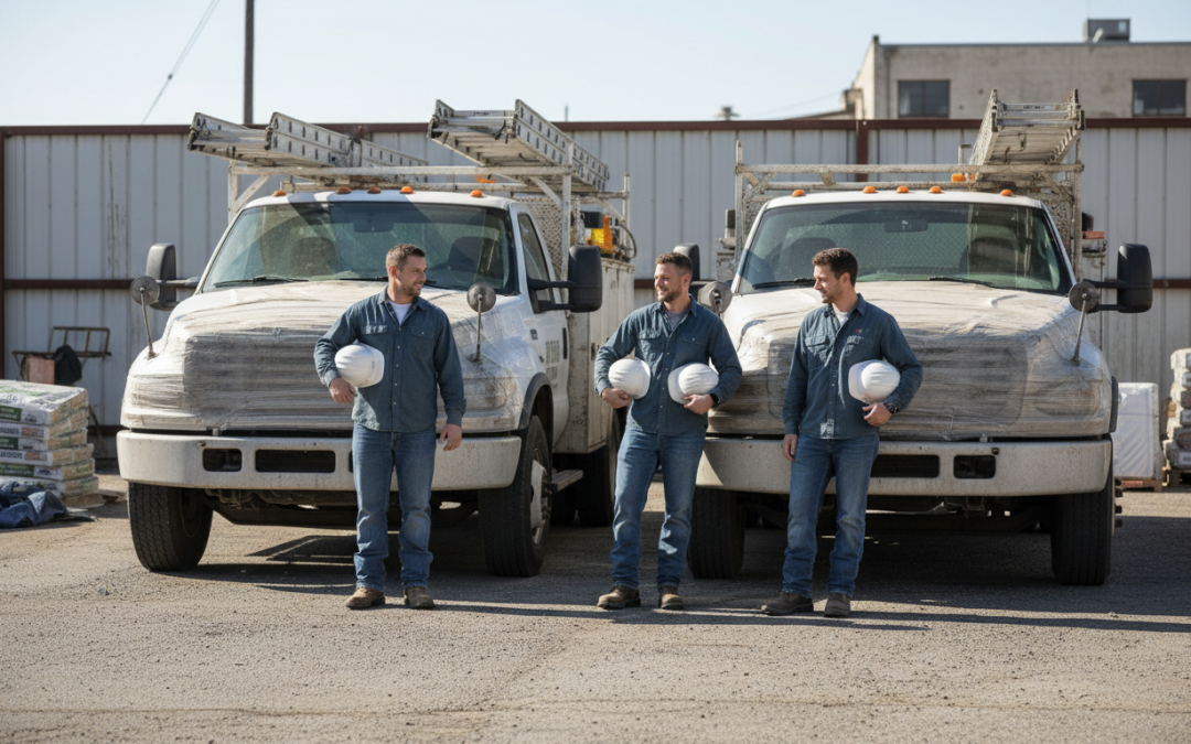 A roofing crew standing in front of their work trucks — the kind of real crew photo that good web design for roofers is built around